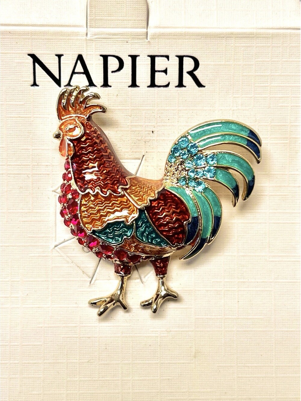 Napier Rooster Brooch Pin Enamel & Jeweled Gold Tone NEW & Signed Farmhouse Farm